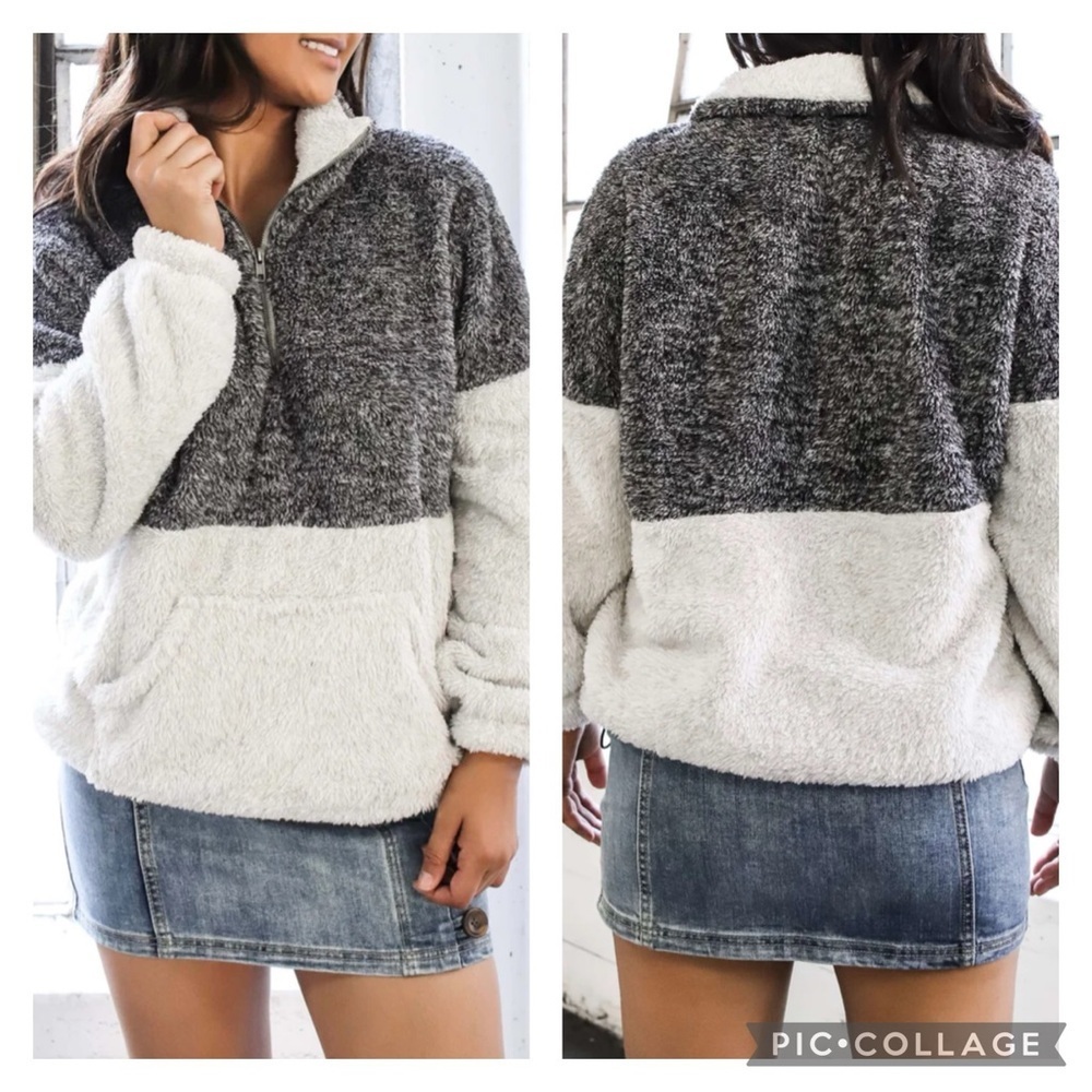 Merokeety Colorblock Charcoal & White Sherpa Quarter Zip Pullover Size Medium - Picture 4 of 13
